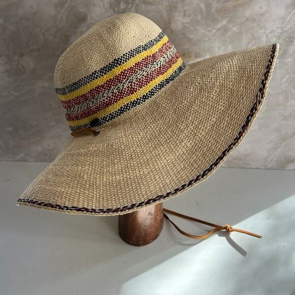 Scala Sun Hat Eloisa 100% Toyo Straw Wide Brim Multicolor Leather Chin Strap - Picture 4 of 14